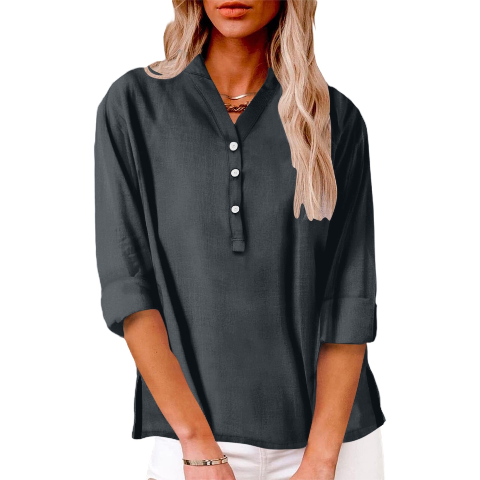 thumbnail image 2 of Camisa informal de manga larga con cuello en V para mujer: color liso, poliéster, versátil para combinar con vaqueros/pantalones, ideal para llevar a diario en primavera/verano., 2 of 7
